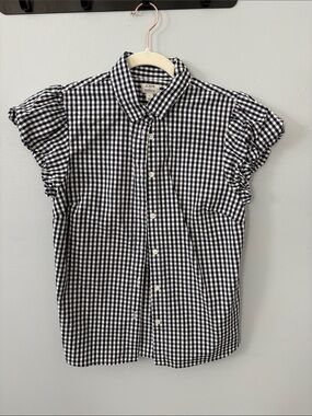 J. Crew Navy & White Gingham Button-Down with Ruffle Sleeves